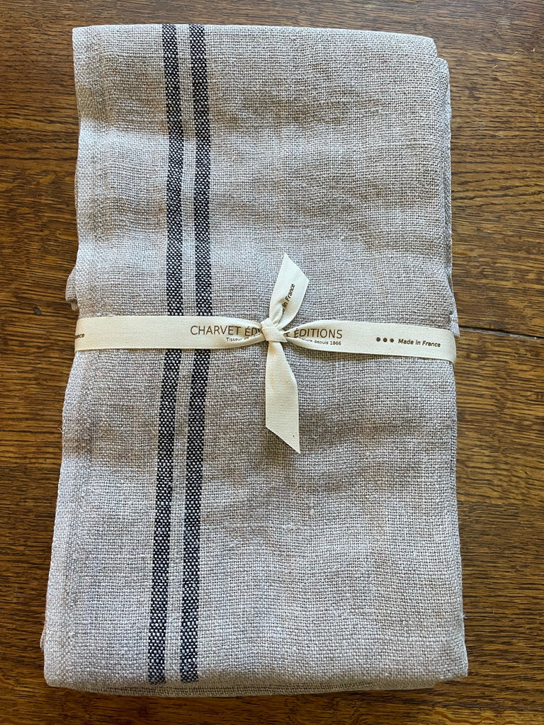 French 100% Cotton White Tea Towel with Black Epi & Black Stripes by  Charvet Editions